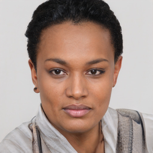 Neutral black young-adult female with short  black hair and brown eyes