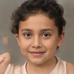 Joyful white child female with short  brown hair and brown eyes