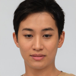 Joyful asian young-adult female with short  brown hair and brown eyes