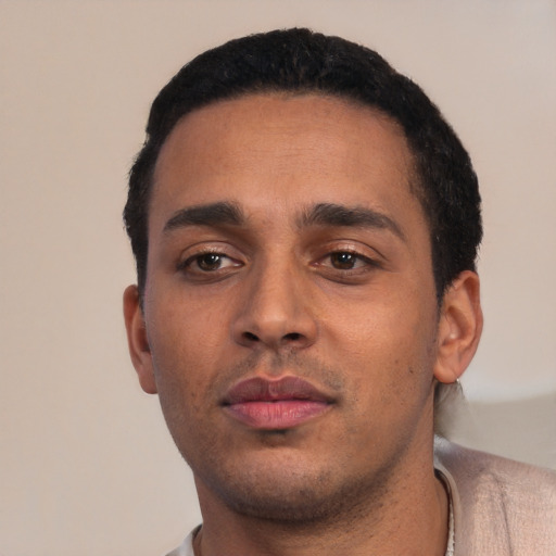 Neutral white young-adult male with short  black hair and brown eyes