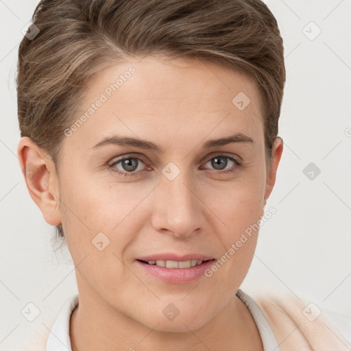 Joyful white young-adult female with short  brown hair and brown eyes