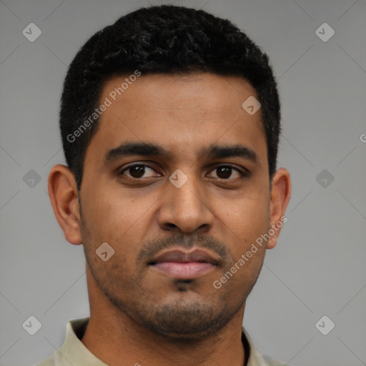 Neutral latino young-adult male with short  black hair and brown eyes