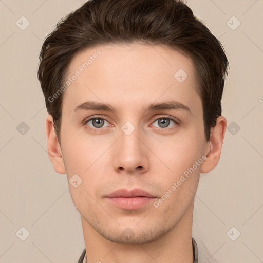 Neutral white young-adult male with short  brown hair and brown eyes