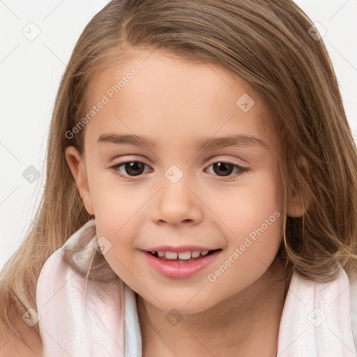 Joyful white child female with medium  brown hair and brown eyes