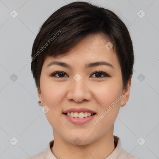 Joyful white young-adult female with short  brown hair and brown eyes