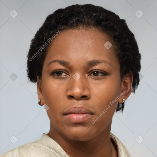 Neutral black young-adult female with short  black hair and brown eyes