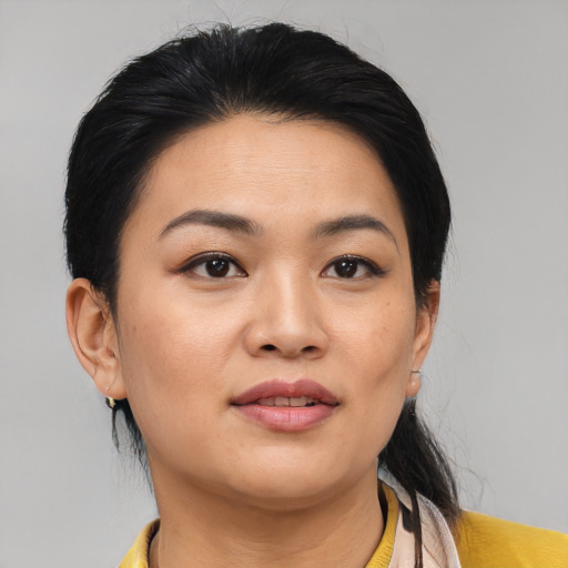 Neutral asian young-adult female with medium  black hair and brown eyes