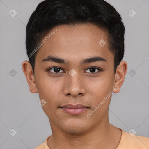 Neutral asian young-adult male with short  black hair and brown eyes