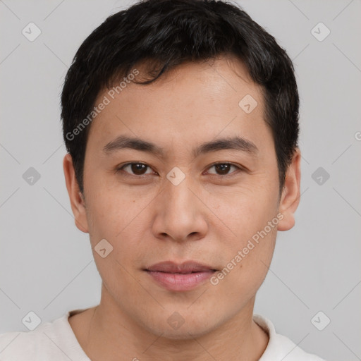 Neutral asian young-adult male with short  brown hair and brown eyes