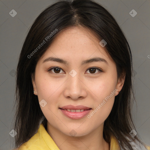 Joyful white young-adult female with medium  brown hair and brown eyes