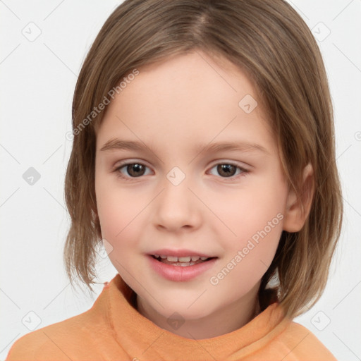 Joyful white child female with medium  brown hair and brown eyes