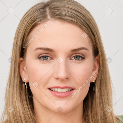 Joyful white young-adult female with long  brown hair and green eyes