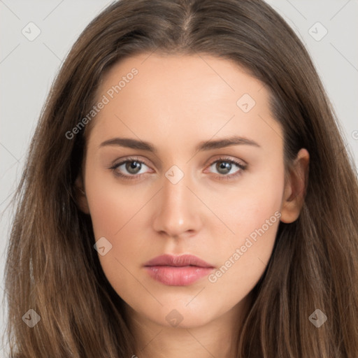 Neutral white young-adult female with long  brown hair and brown eyes