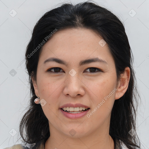 Joyful asian young-adult female with medium  brown hair and brown eyes