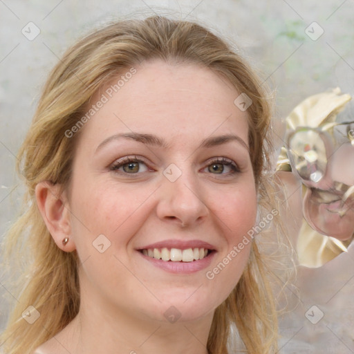 Joyful white young-adult female with medium  brown hair and blue eyes