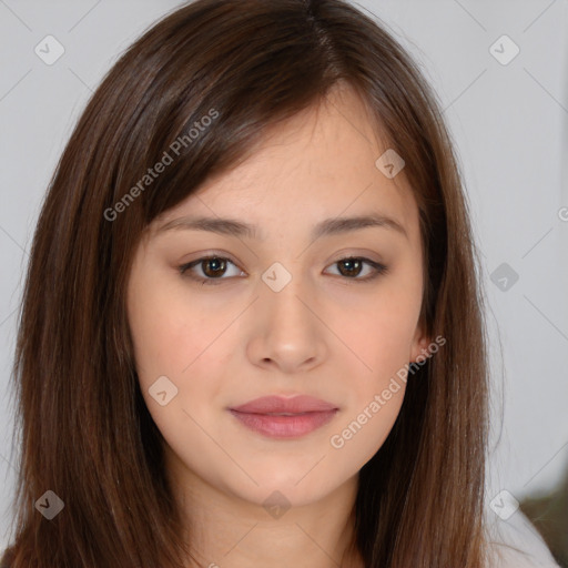 Neutral white young-adult female with long  brown hair and brown eyes