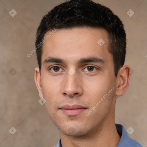 Neutral white young-adult male with short  brown hair and brown eyes