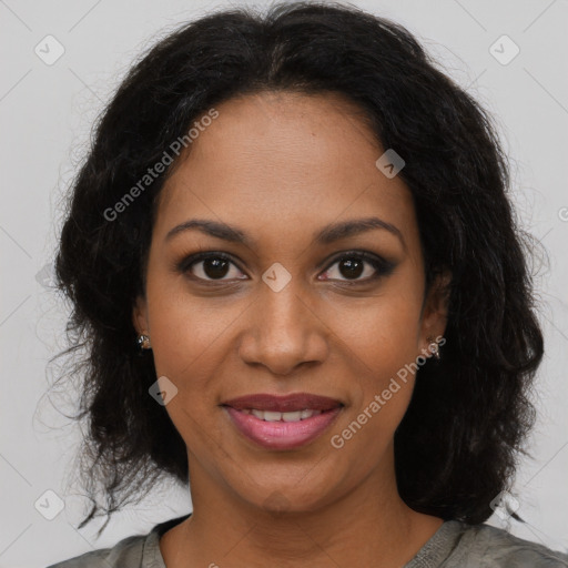 Joyful black young-adult female with medium  brown hair and brown eyes