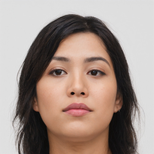 Neutral asian young-adult female with long  black hair and brown eyes
