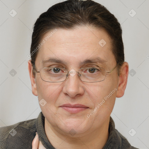 Joyful white adult male with short  brown hair and grey eyes