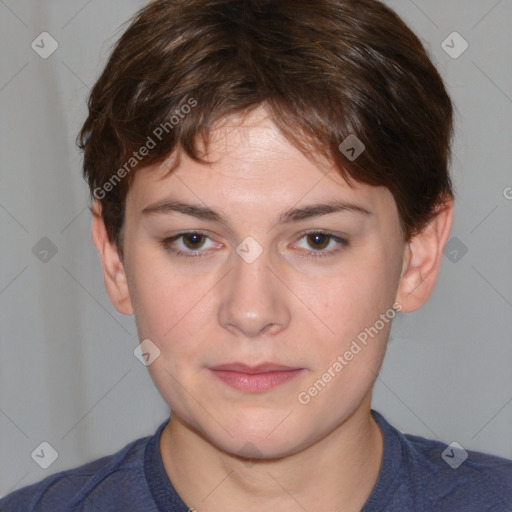 Neutral white young-adult female with short  brown hair and brown eyes