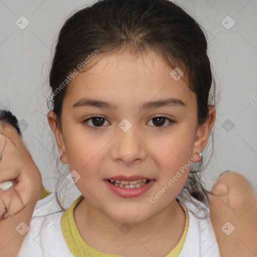 Joyful white child female with medium  brown hair and brown eyes