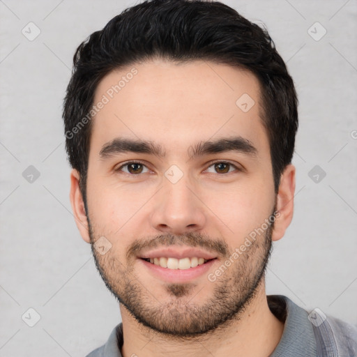 Joyful white young-adult male with short  black hair and brown eyes