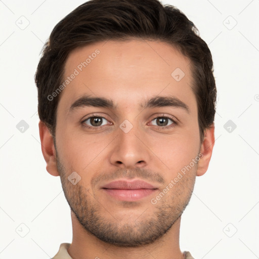 Neutral white young-adult male with short  brown hair and brown eyes