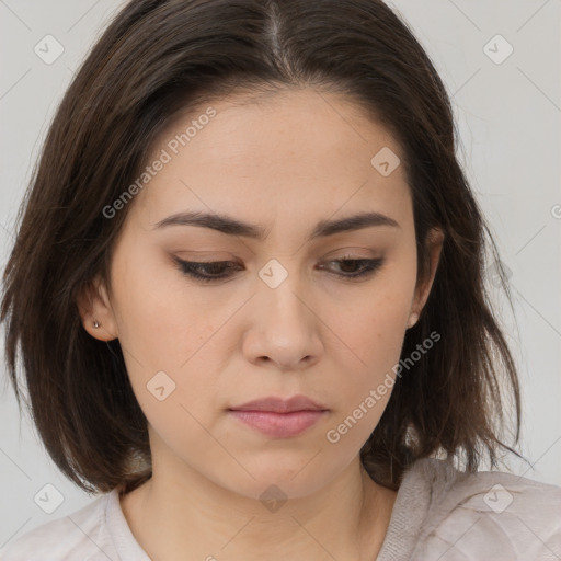 Neutral white young-adult female with medium  brown hair and brown eyes