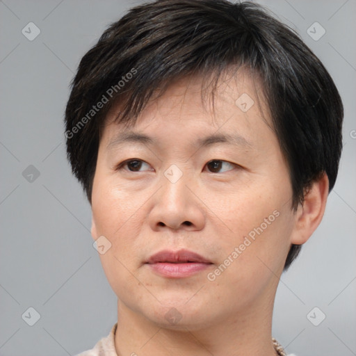 Joyful asian adult male with short  brown hair and brown eyes