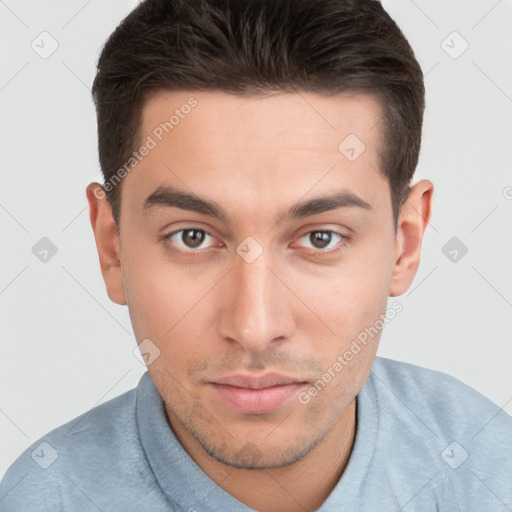 Neutral white young-adult male with short  brown hair and brown eyes