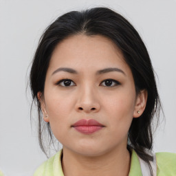 Neutral asian young-adult female with medium  brown hair and brown eyes