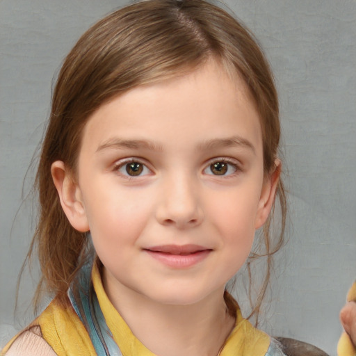 Joyful white child female with medium  brown hair and brown eyes