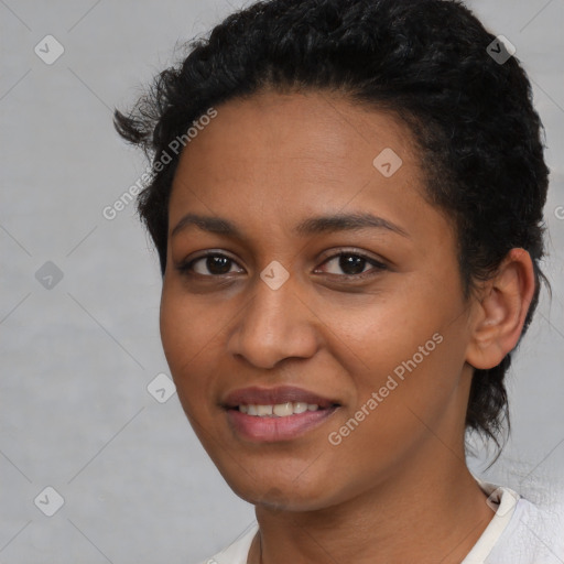 Joyful latino young-adult female with short  brown hair and brown eyes