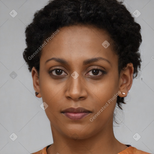 Neutral black young-adult female with short  black hair and brown eyes