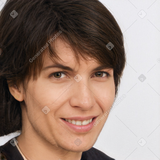 Joyful white adult female with short  brown hair and brown eyes