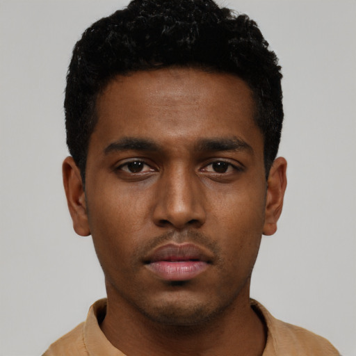 Neutral black young-adult male with short  black hair and brown eyes