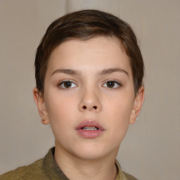 Neutral white young-adult female with short  brown hair and brown eyes