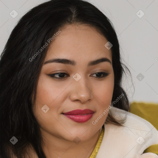 Joyful latino young-adult female with long  brown hair and brown eyes