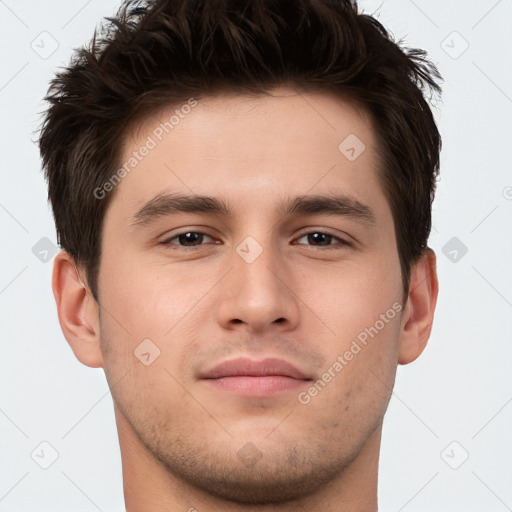 Neutral white young-adult male with short  brown hair and brown eyes