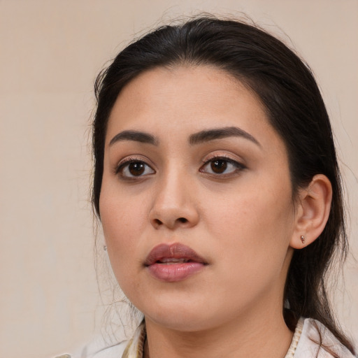 Neutral white young-adult female with medium  brown hair and brown eyes