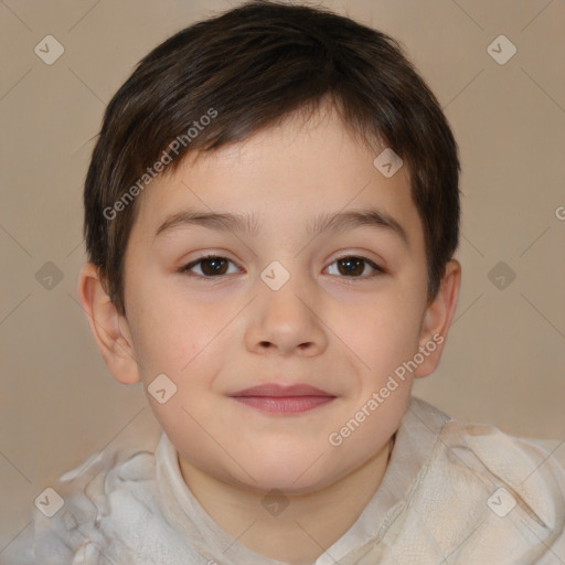 Joyful white child male with short  brown hair and brown eyes