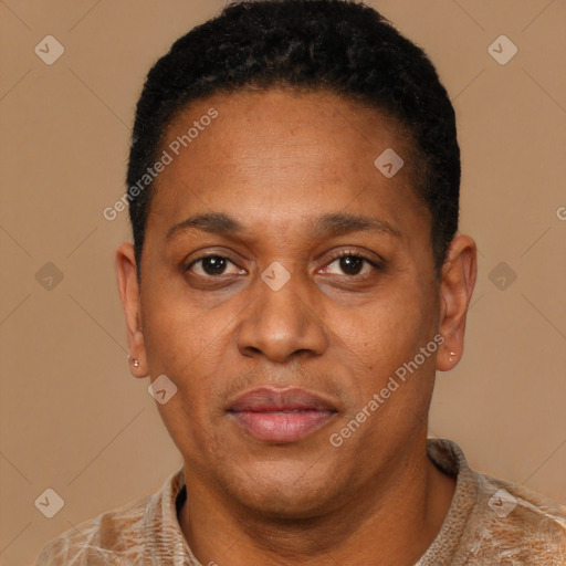 Neutral black adult male with short  black hair and brown eyes