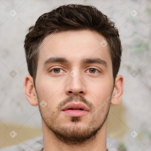 Neutral white young-adult male with short  brown hair and brown eyes