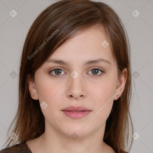 Neutral white young-adult female with medium  brown hair and brown eyes