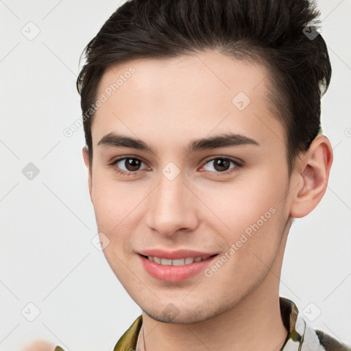 Joyful white young-adult female with short  brown hair and brown eyes