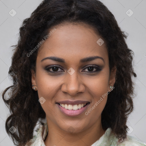 Joyful black young-adult female with medium  brown hair and brown eyes