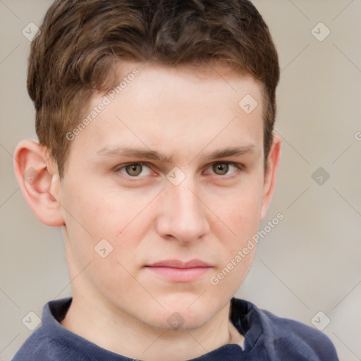 Neutral white young-adult male with short  brown hair and grey eyes