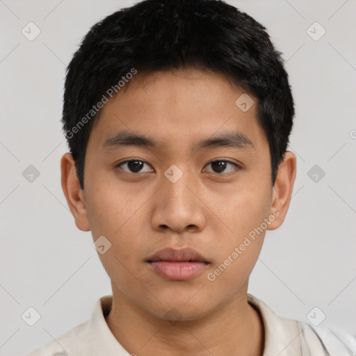 Neutral asian young-adult male with short  black hair and brown eyes