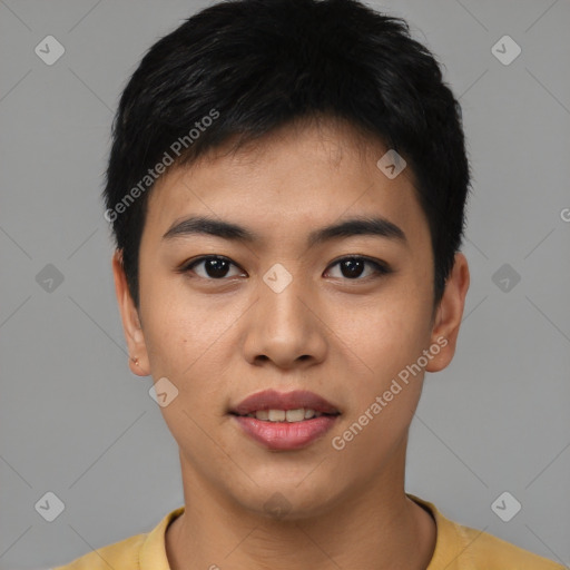 Joyful asian young-adult male with short  black hair and brown eyes